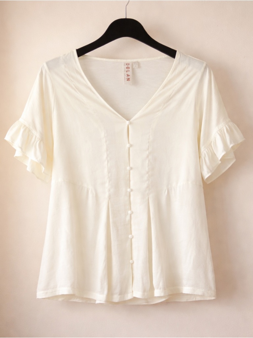 dolan Ivory V-Neck Button Front Blouse with Ruffle Sleeves